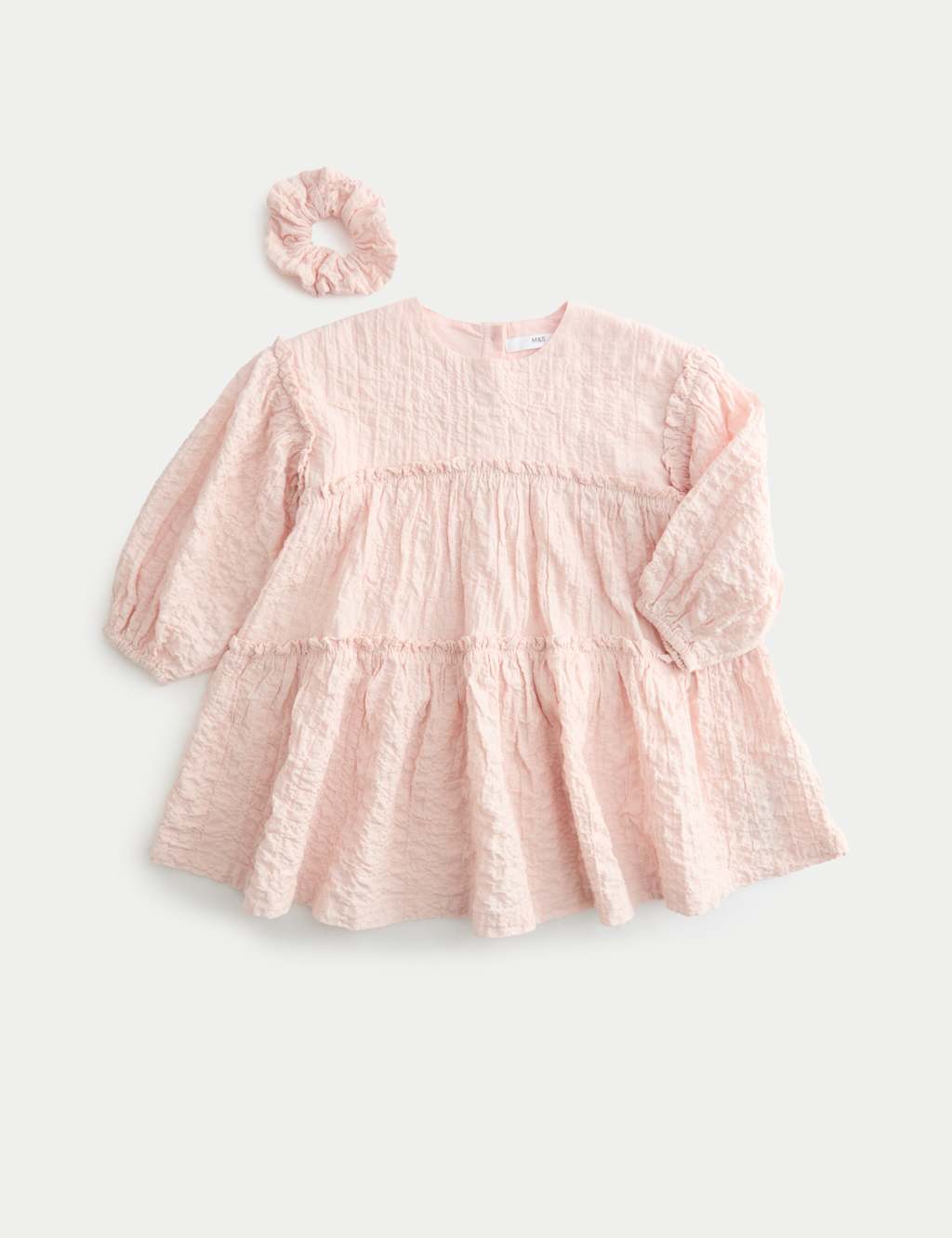 M&S 2pc Cotton Rich Tiered Dress with Scrunchie (2-8 Yrs) Light Pink