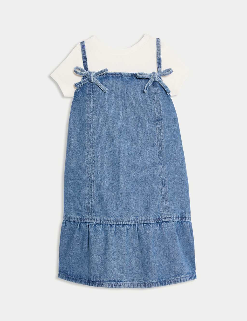 M&S Girls 2pc Pure Cotton Pinafore Dress Outfit (2-8 Yrs) - 2-3 Years - Denim