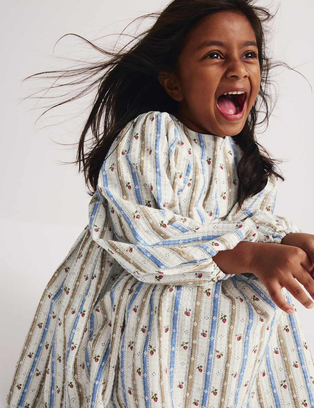 M&S Girls Pure Cotton Striped Floral Dress (1-8 Yrs) - 3-4 Years - Ivory Mix