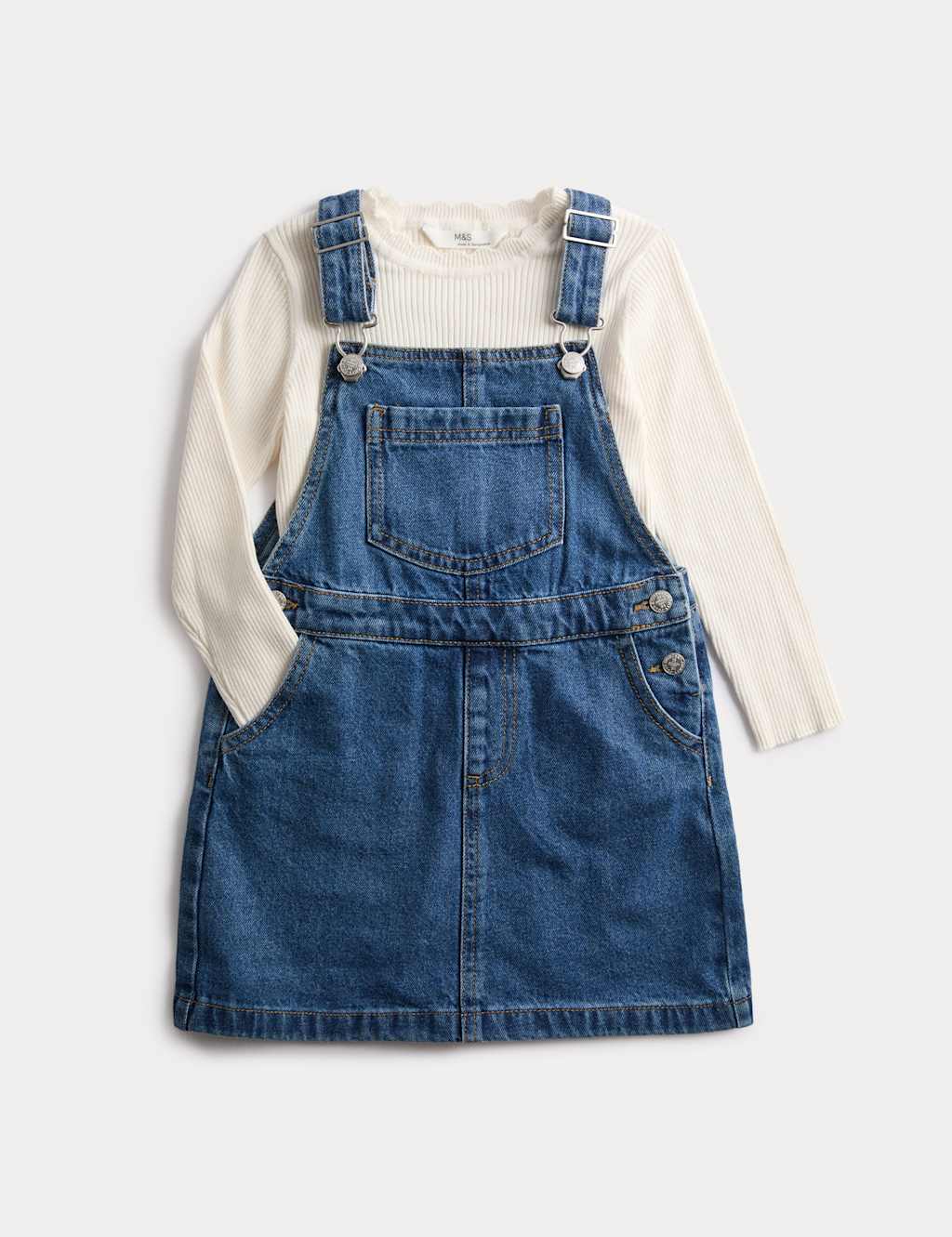M&S Collection Girls 2pc Denim Pinafore Outfit (2-8 Yrs) - 4-5 Y - Dark Denim, Dark Denim