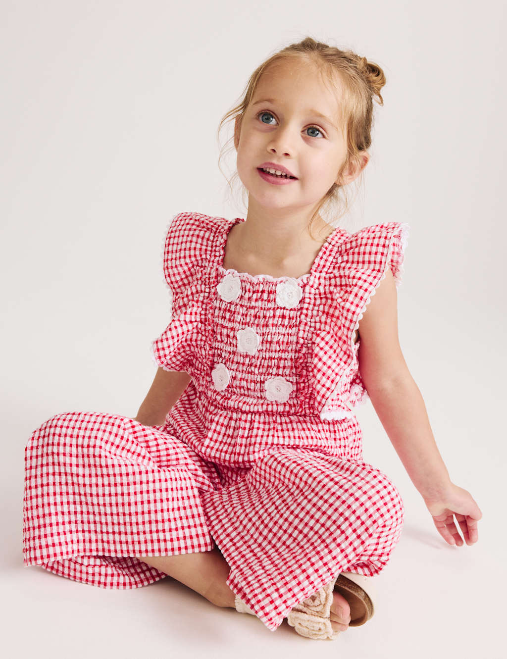 M&S Girls Pure Cotton Gingham Jumpsuit (2-10 Yrs) - 7-8 Years - Rouge