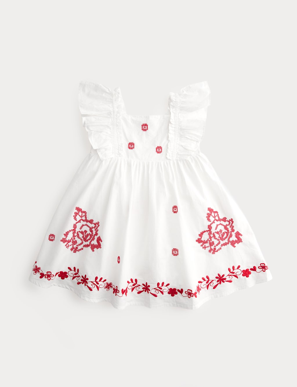 M&S Girls Pure Cotton Embroidered Ruffle Sleeve Dress (2-10 Yrs) - 2-3 Years - Ecru Mix