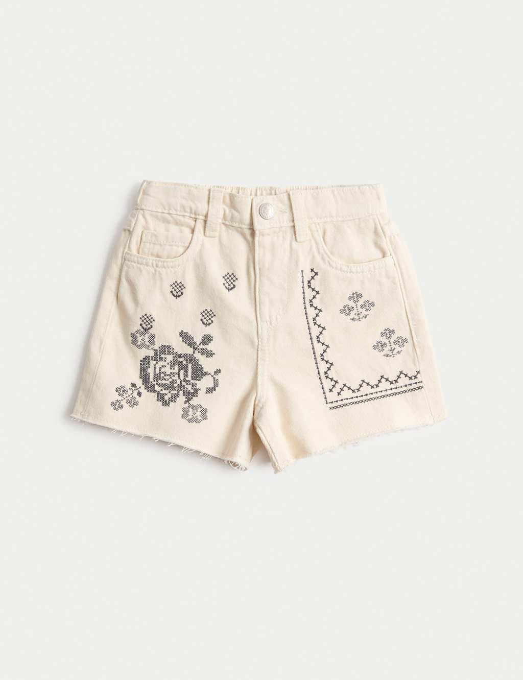 M&S Girls Pure Cotton Denim Embroidered Shorts (2-10 Yrs) - 2-3 Years - Ivory