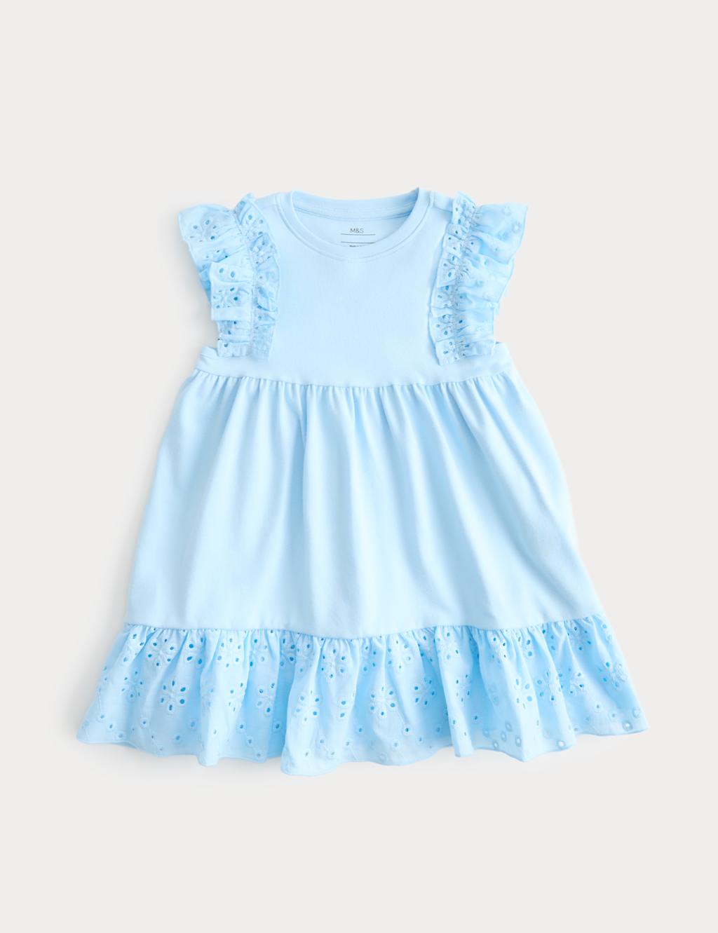 M&S Girls Cotton Rich Broderie Dress (2-8 Yrs) - 3-4 Years - Powder Blue