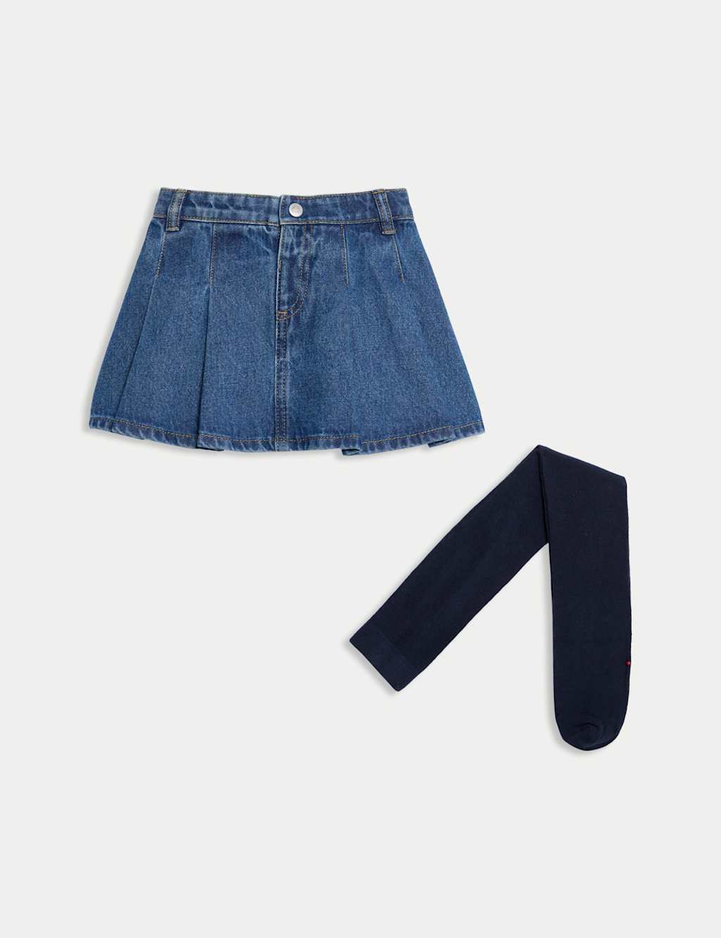 M&S Collection Girls 2pc Denim Pleated Skirt & Tights (2-8 Yrs) - 7-8 Y, Denim