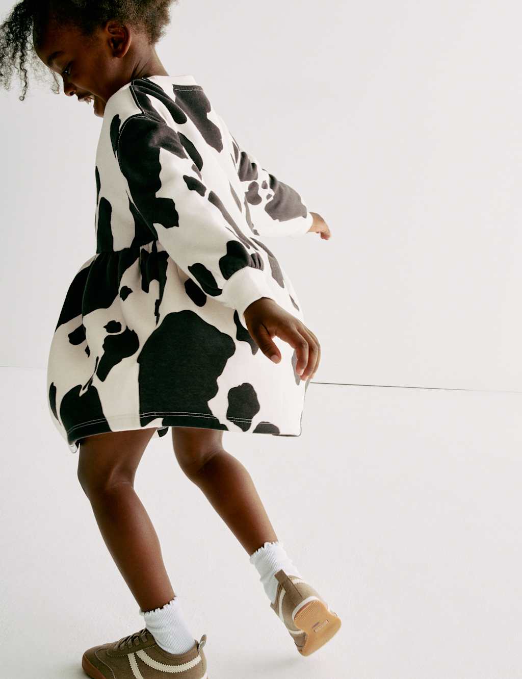 M&S Cotton Rich Cow Print Swing Dress (2-8 Yrs) Black Mix