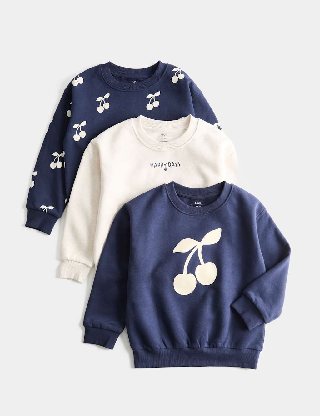 M&S Girls 3 Pack Cotton Rich Cherry Sweatshirts (2-8 Yrs) - 7-8 Years - Multi