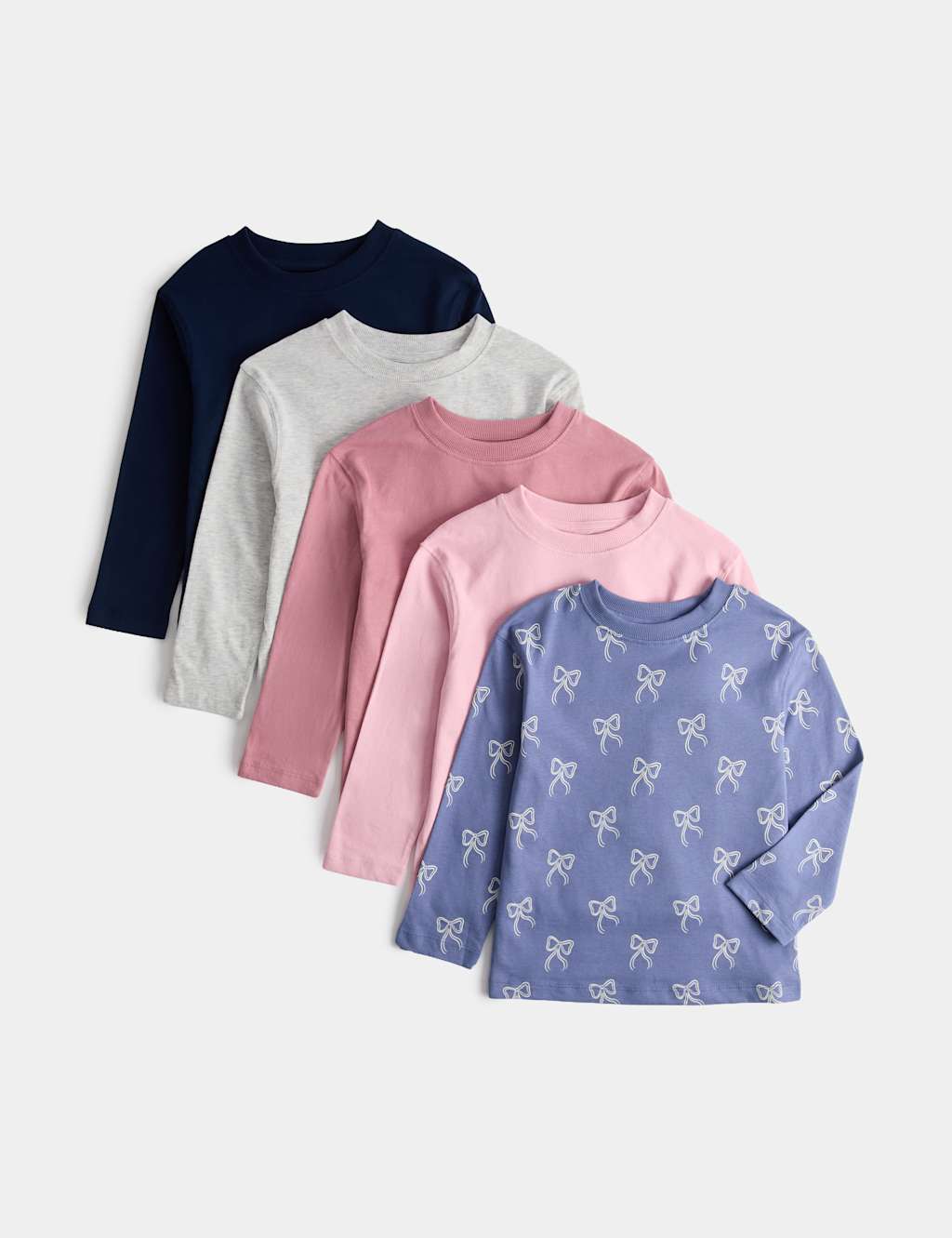 M&S Girls 5 Pack Pure Cotton Bow Tops (2-10 Yrs) - 4-5 Years - Blue Mix