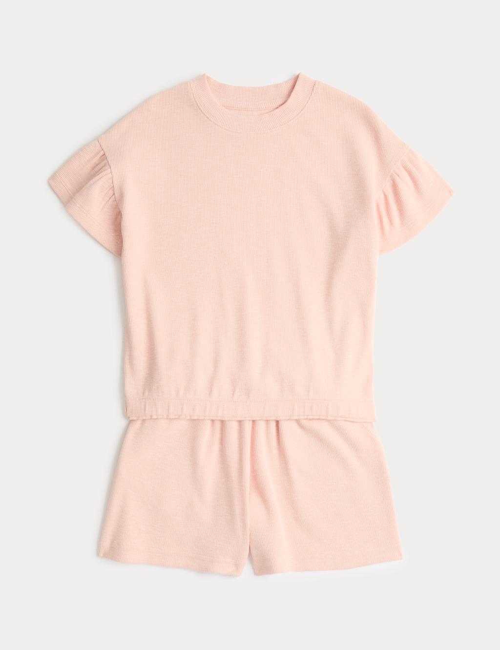 M&S Girls Cotton Rich Ribbed Top & Bottom Outfit (1-8 Yrs) - 7-8 Years - Blush