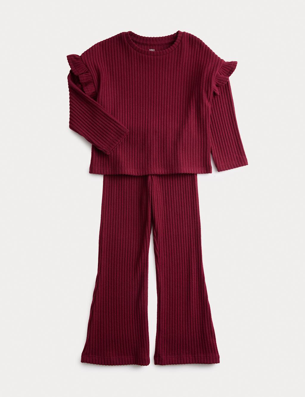 M&S Jersey Frill Top & Bottom Outfit (2-8 Yrs) Dark Claret