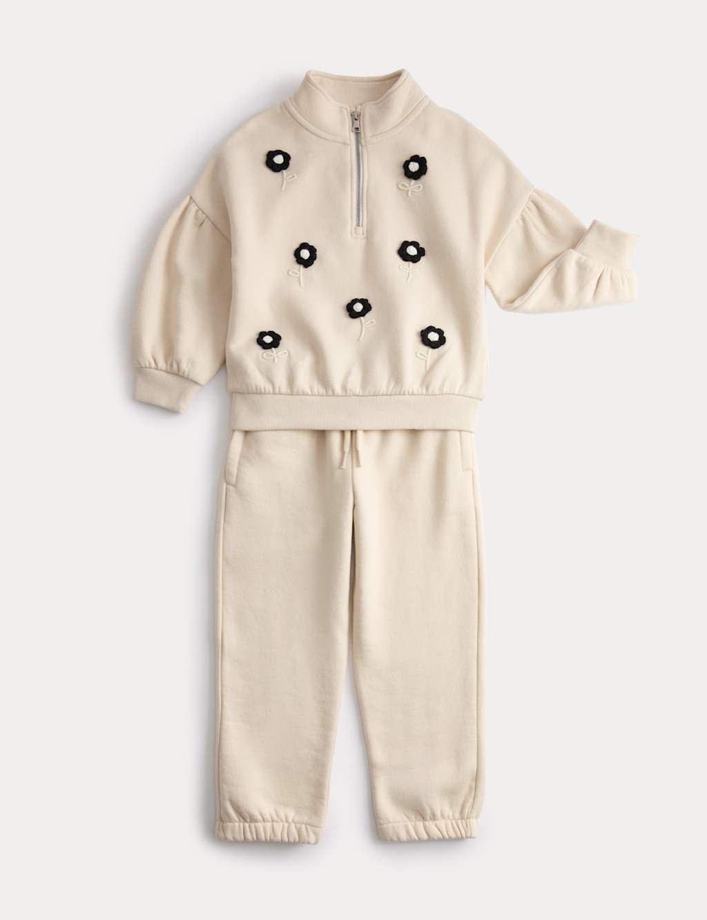 M&S Cotton Rich Flower Top & Bottom Outfit (2-8 Yrs) Ecru Mix