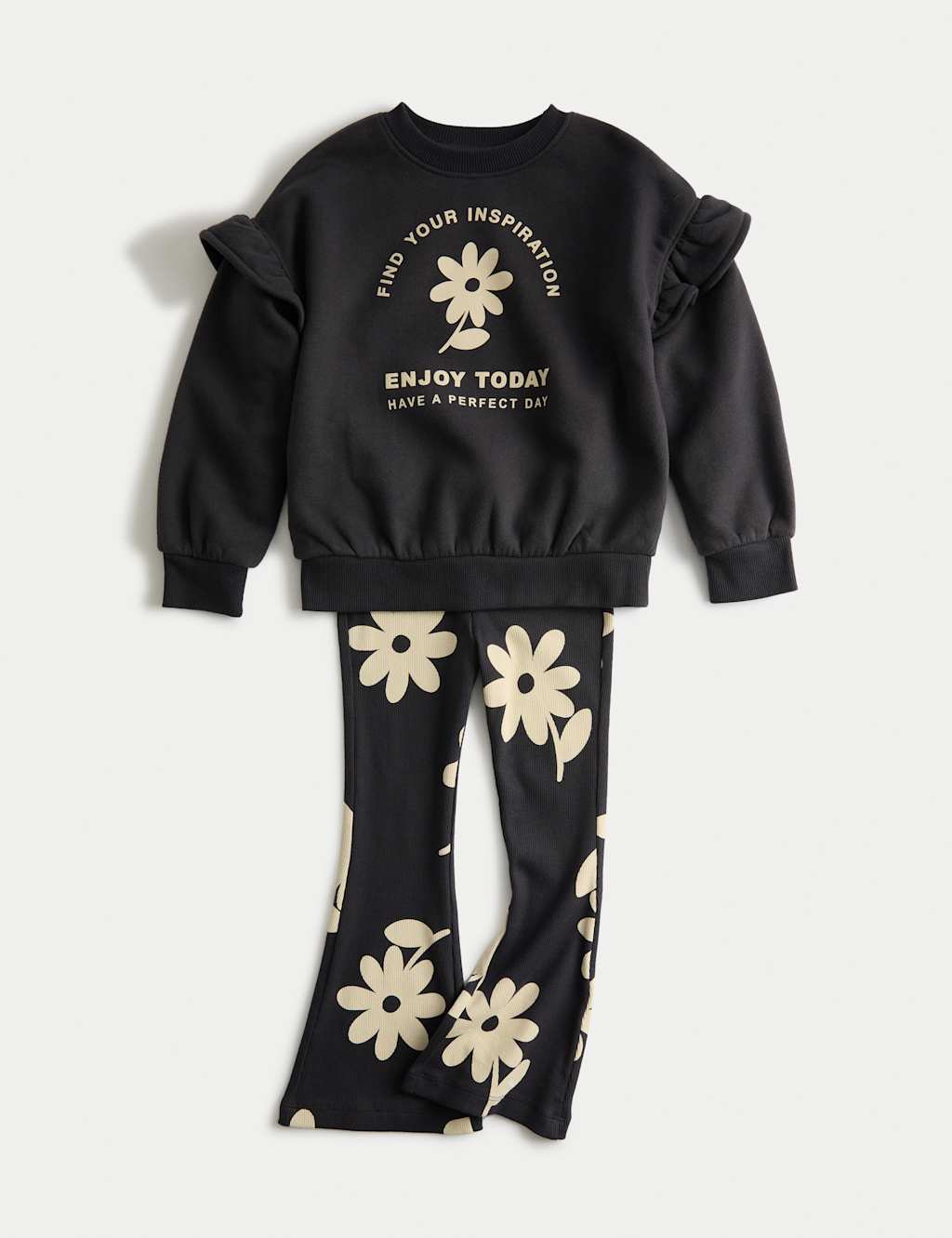 M&S Cotton Rich Flower Top & Bottom Outfit (1-8 Yrs) Carbon
