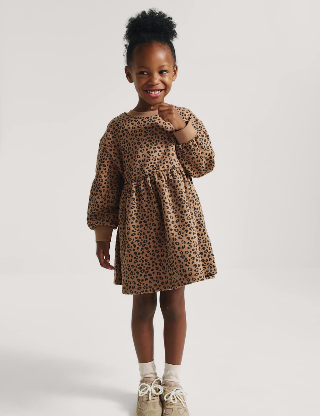 M&S Girls Cotton Rich Leopard Print Sweatdress (2-8 Yrs) - 7-8 Years - Neutral