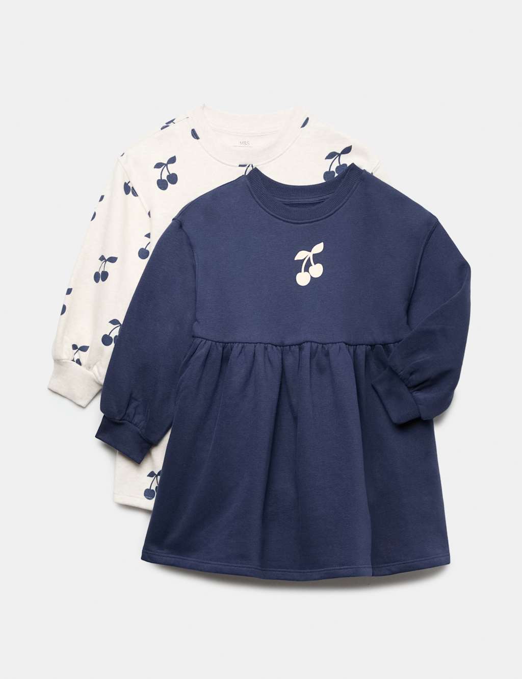 M&S Girls 2 Pack Cotton Rich Cherry Sweatshirt Dresses (2-8 Yrs) - 7-8 Years - Navy Mix