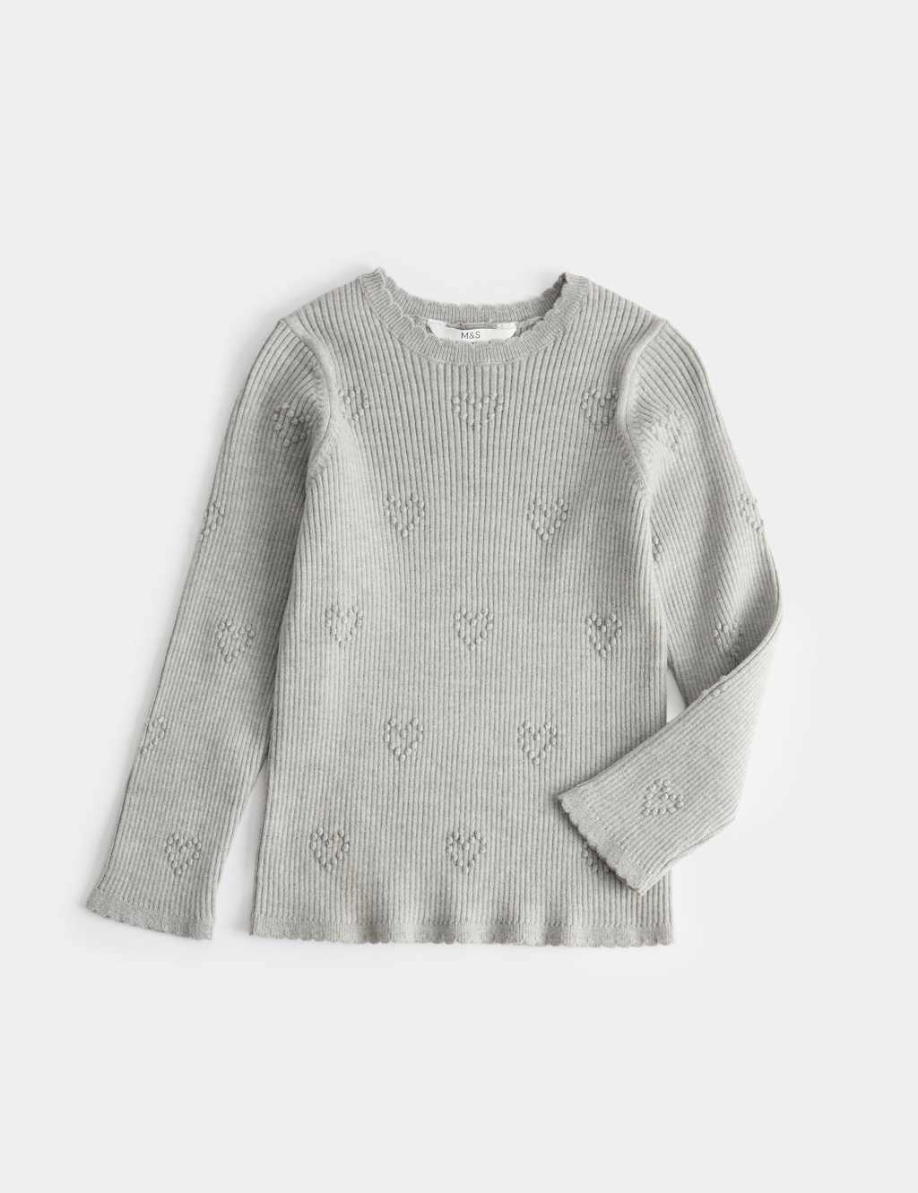 M&S Girls Heart Textured Knitted Top (2-10 Years) - 2-3 Years - Grey