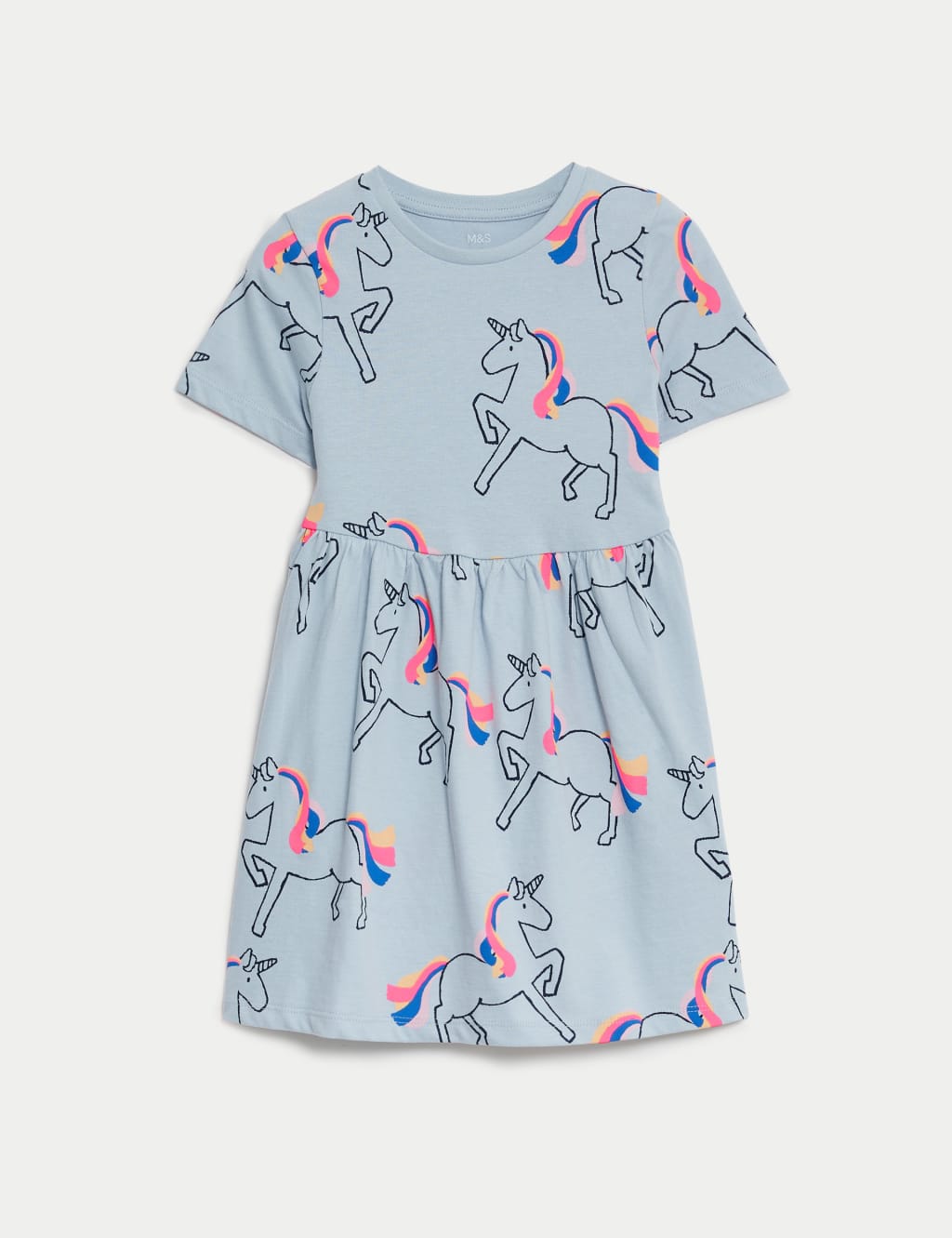 M&S Classics Pure Cotton Unicorn Dress (2-8 Yrs) Soft Blue