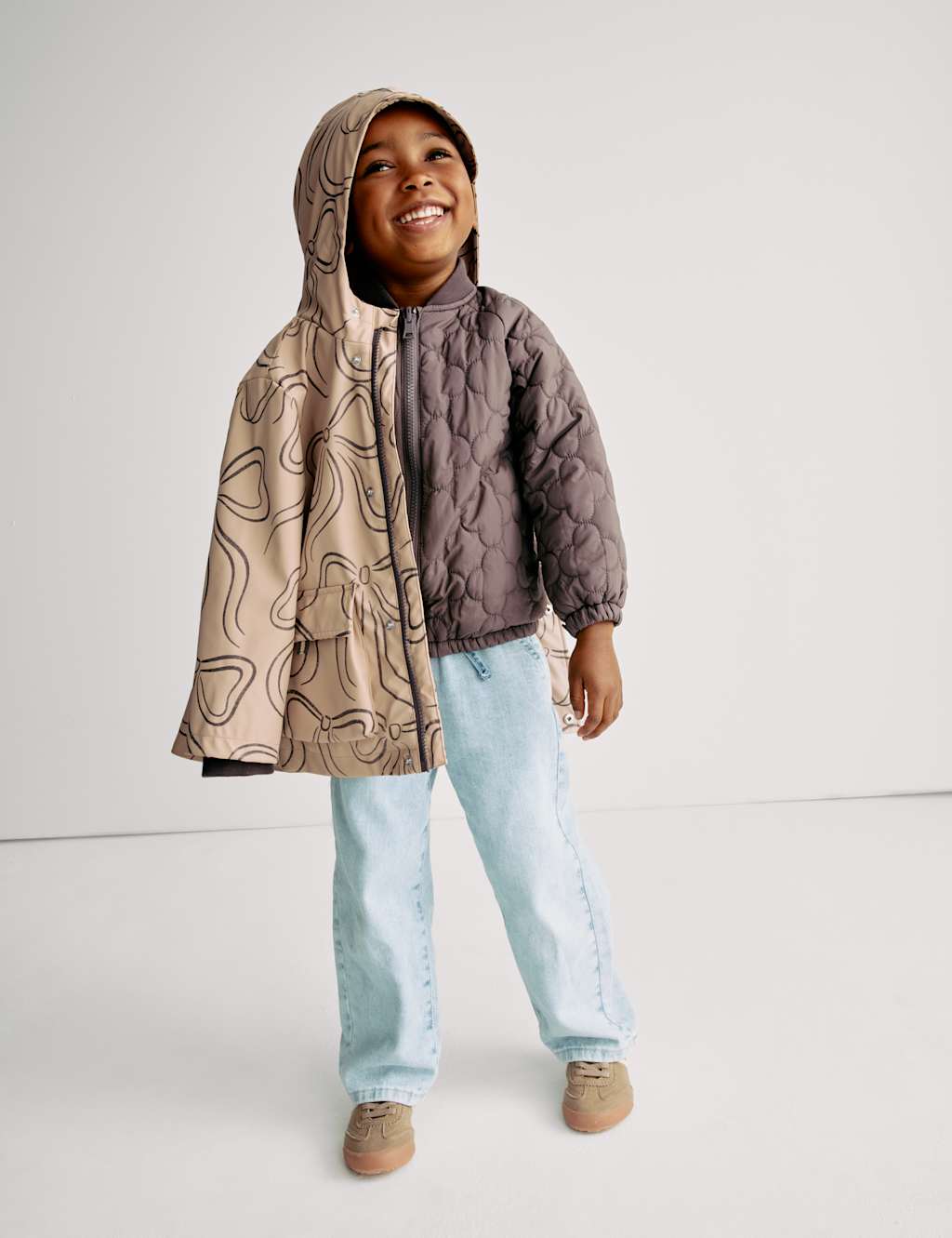 M&S 3-in-1 Bow Print Fisherman Coat (2-8 Yrs) Brown Mix