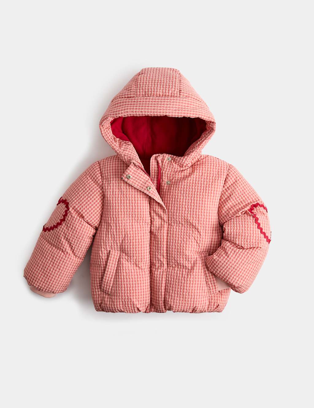 M&S Girls Gingham Hooded Puffer Coat (2-8 Yrs) - 3-4 Years - Red Mix