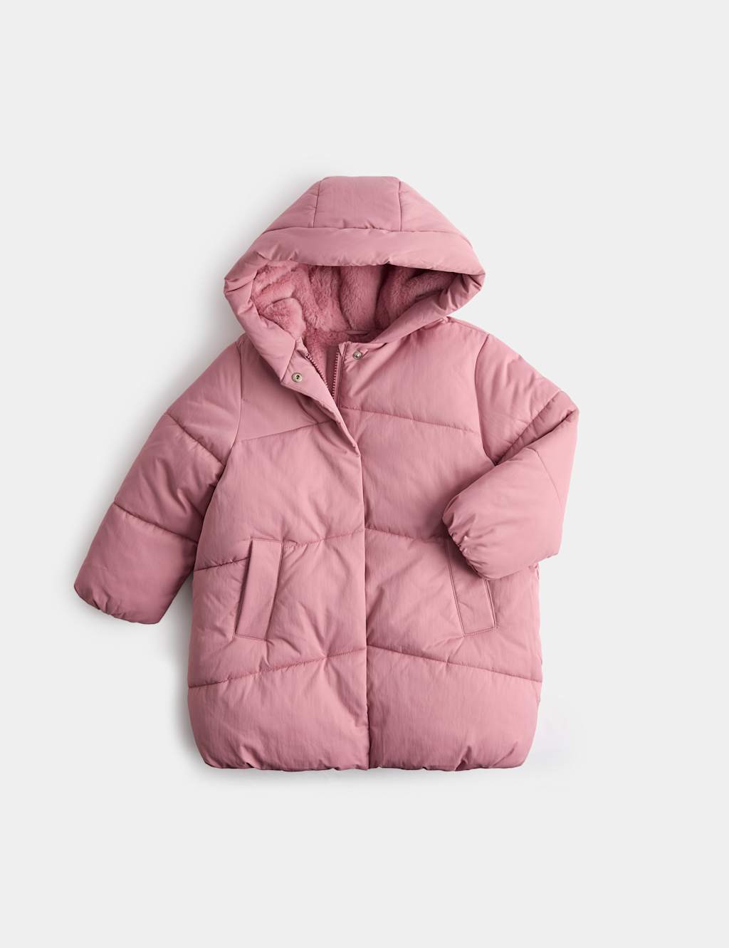 M&S Girls Longline Hooded Padded Jacket (2-8 Yrs) - 6-7 Years - Dusted Pink