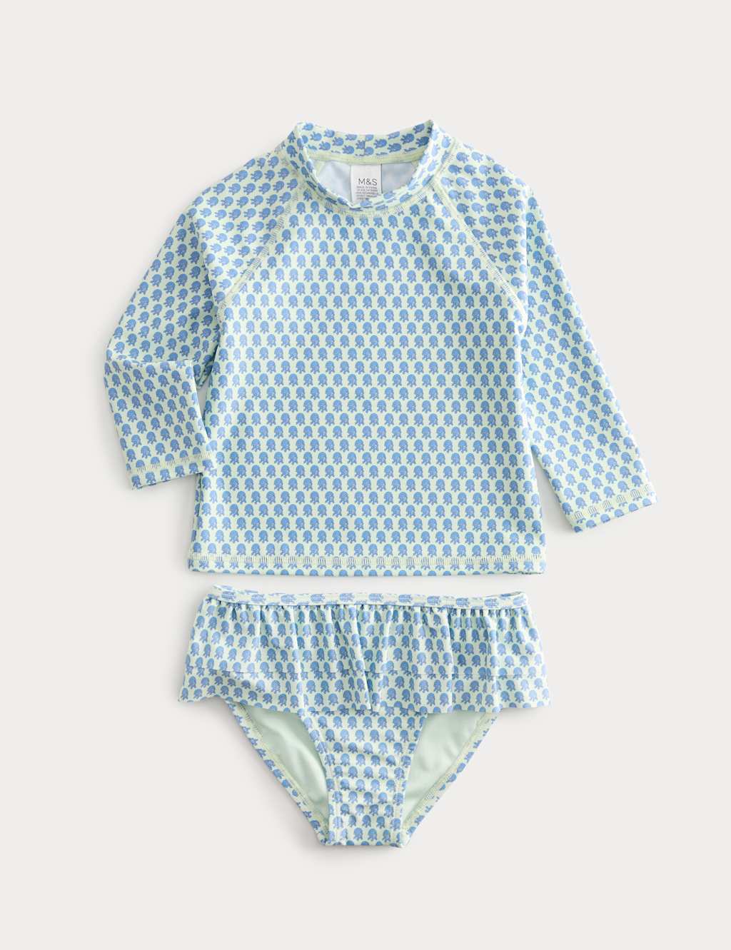 M&S Girls 2 Piece Floral Block Print Swim Set (2-8 Yrs) - 2-3 Years - Green Mix