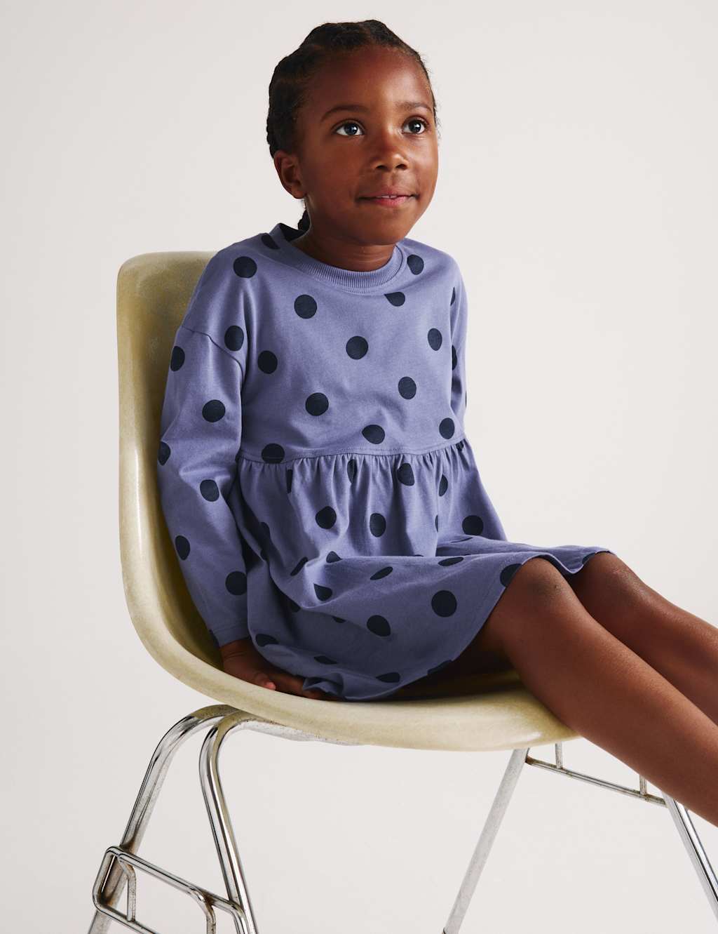 M&S Girls Pure Cotton Polka Dot Dress (2-8 Yrs) - 7-8 Years - Navy Mix