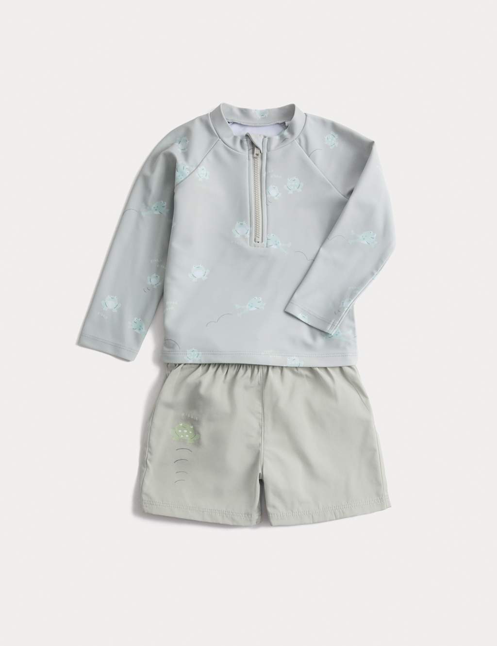 M&S Boys 2pc Frog Rash Vest Swim Set (0-3 Yrs) - 9-12 Months - Green Mix
