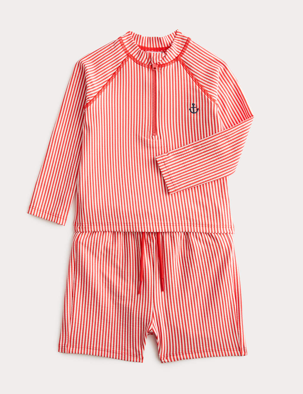 M&S Boys 2 Piece Striped Seersucker Long Sleeve Swim Set (0-3 Yrs) - 12-18 Months - Red Mix