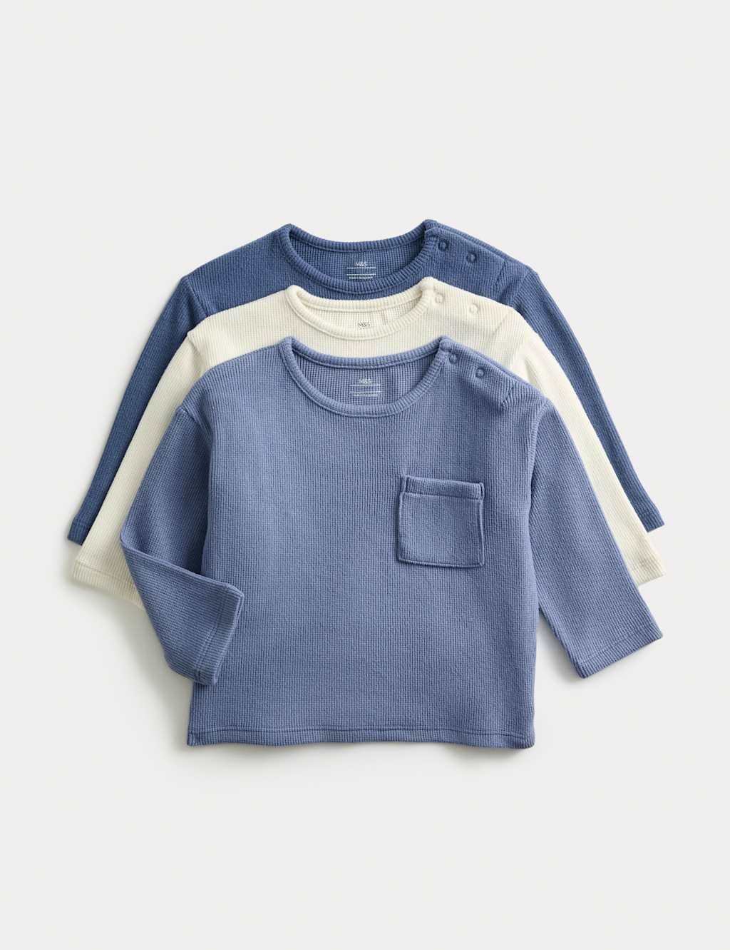 M&S 3pk Brushed Waffle Tops (0-24 Mths) Blue Mix