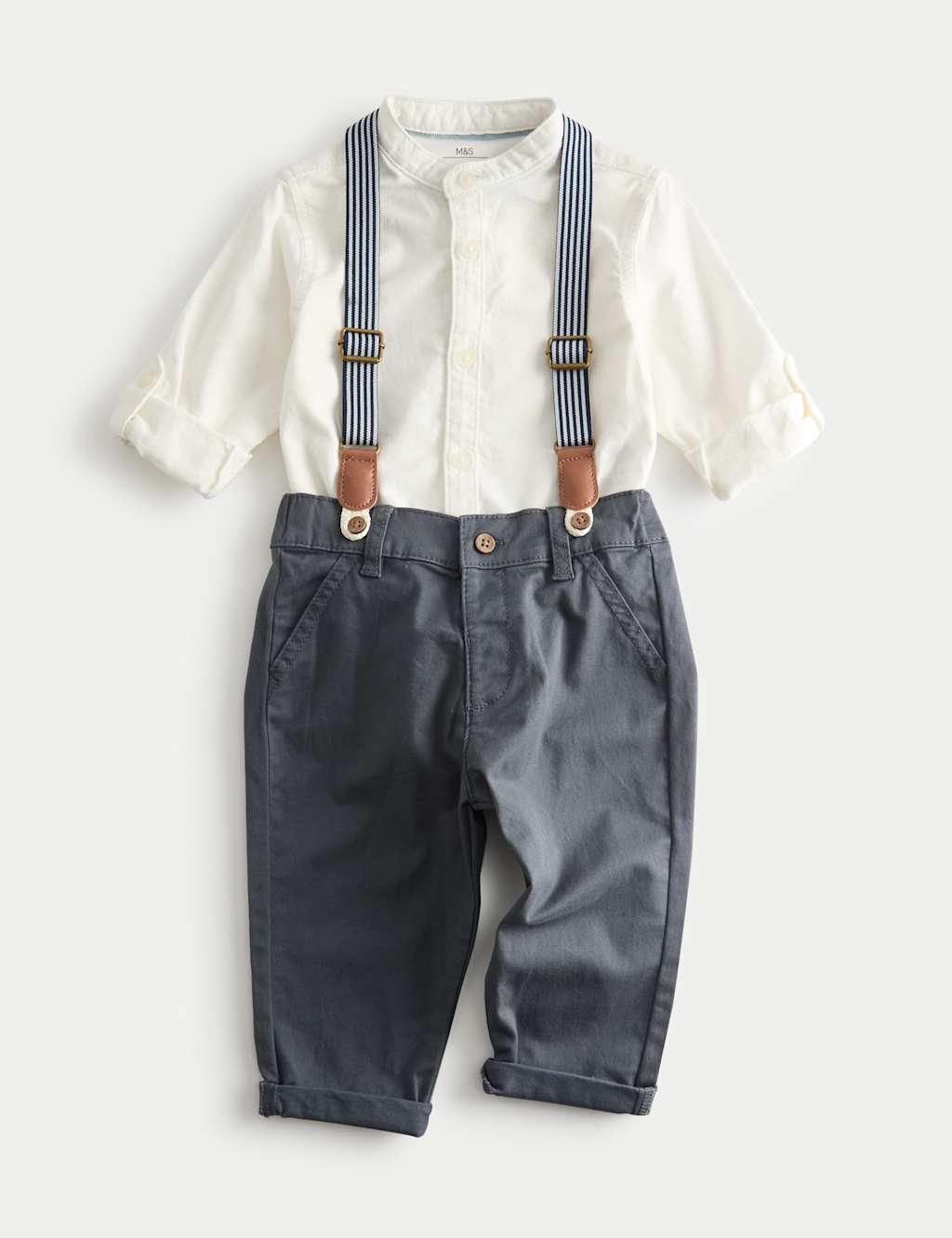 M&S Boys 3pc Cotton Rich Top & Bottom Outfit (0-36 Mths) - 6-9 Months - White Mix