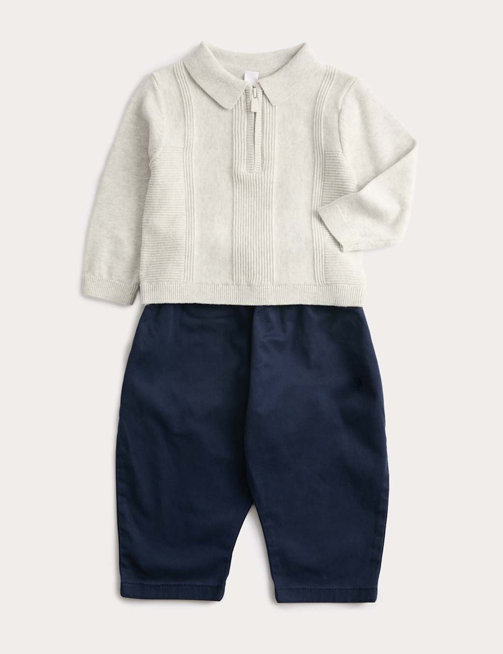 M&S Boys 2 Piece Cotton Rich Half Zip Outfit (0-6 Yrs) - 6-9 Months - Grey Mix