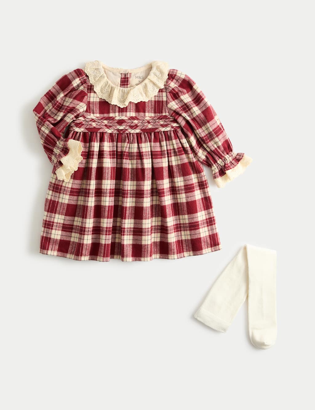M&S x Binky 2pc Checked Dress & Tights Set (0-3 Yrs) Red Mix