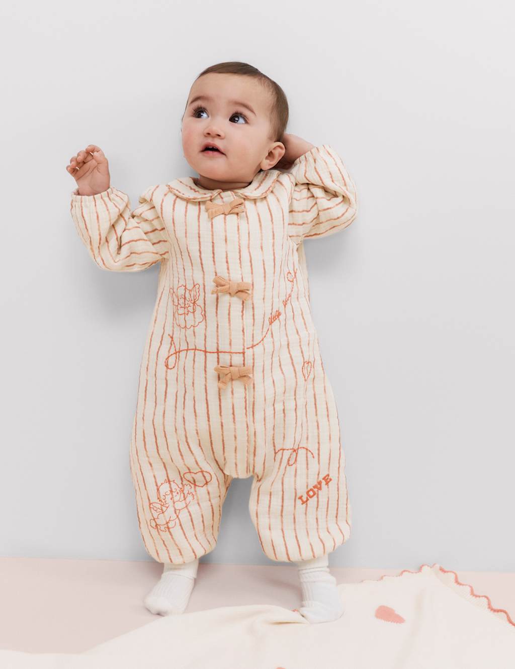 M&S Girls Pure Cotton Cupid Striped All in One (0-3 Yrs) - 9-12 Months - Pink Mix