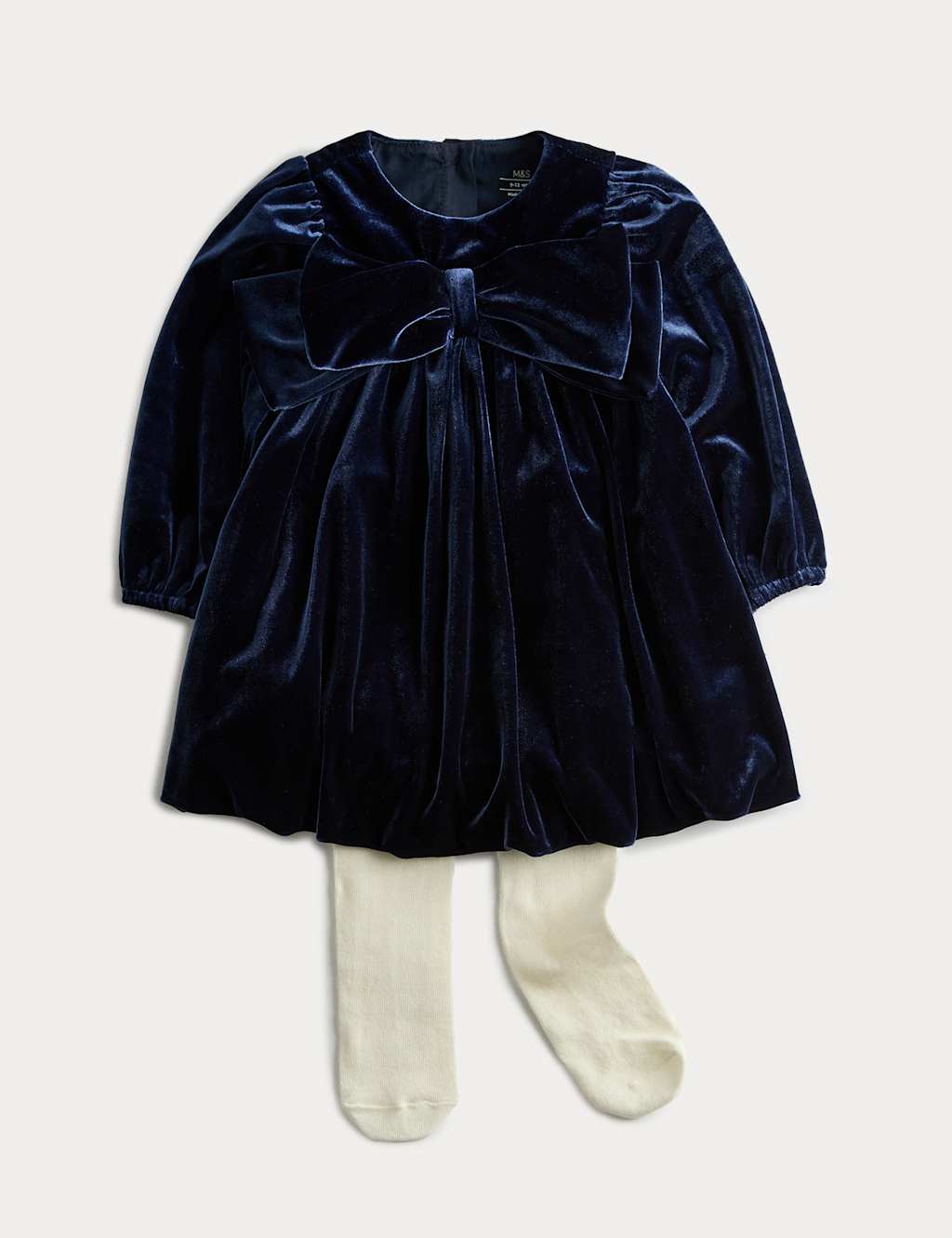 M&S 2pc Velvet Bow Dress with Tights (0-6 Yrs) Navy Mix