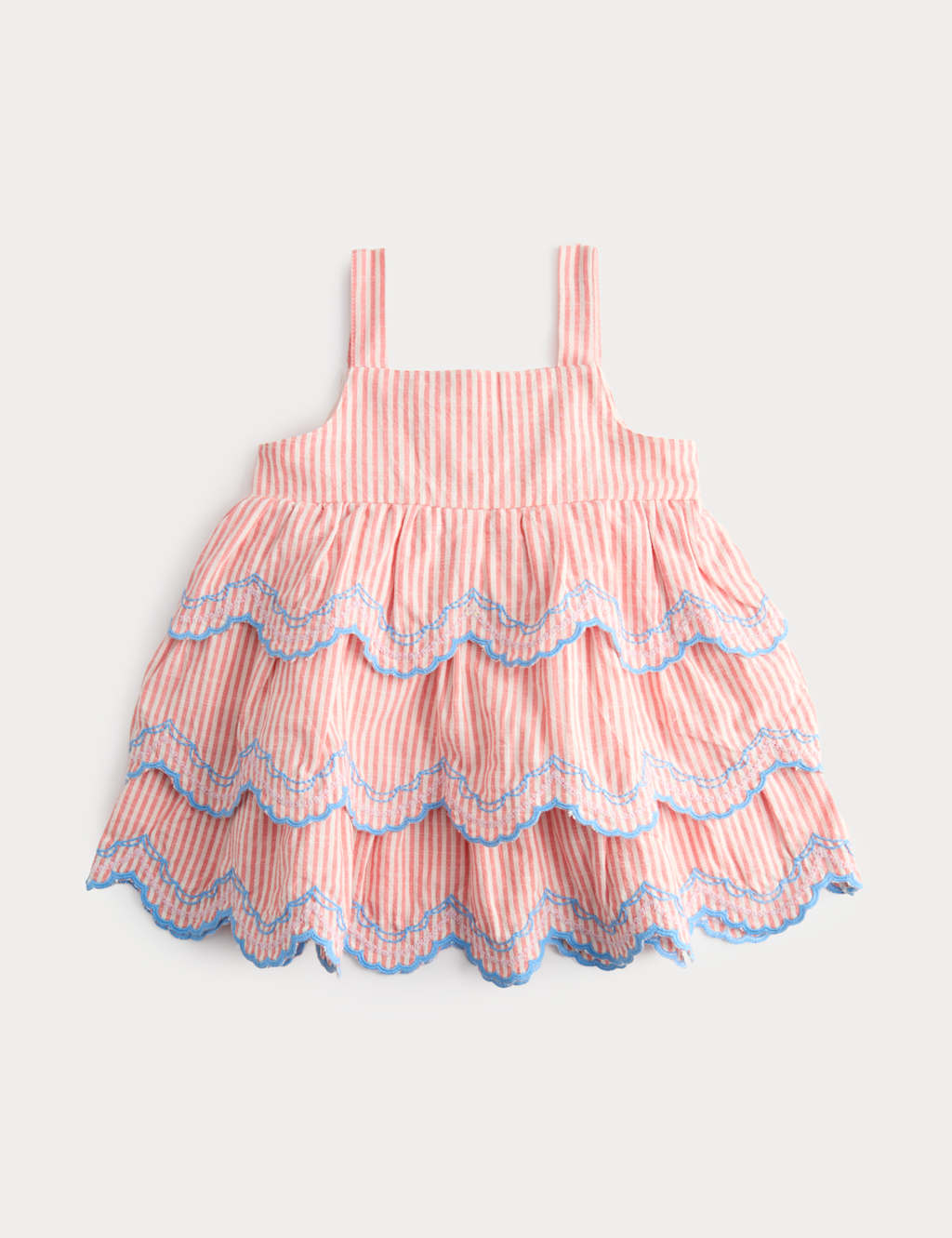 M&S Girls Pure Cotton Striped Scallop Dress (0-5 Yrs) - 9-12 Months - Coral Mix