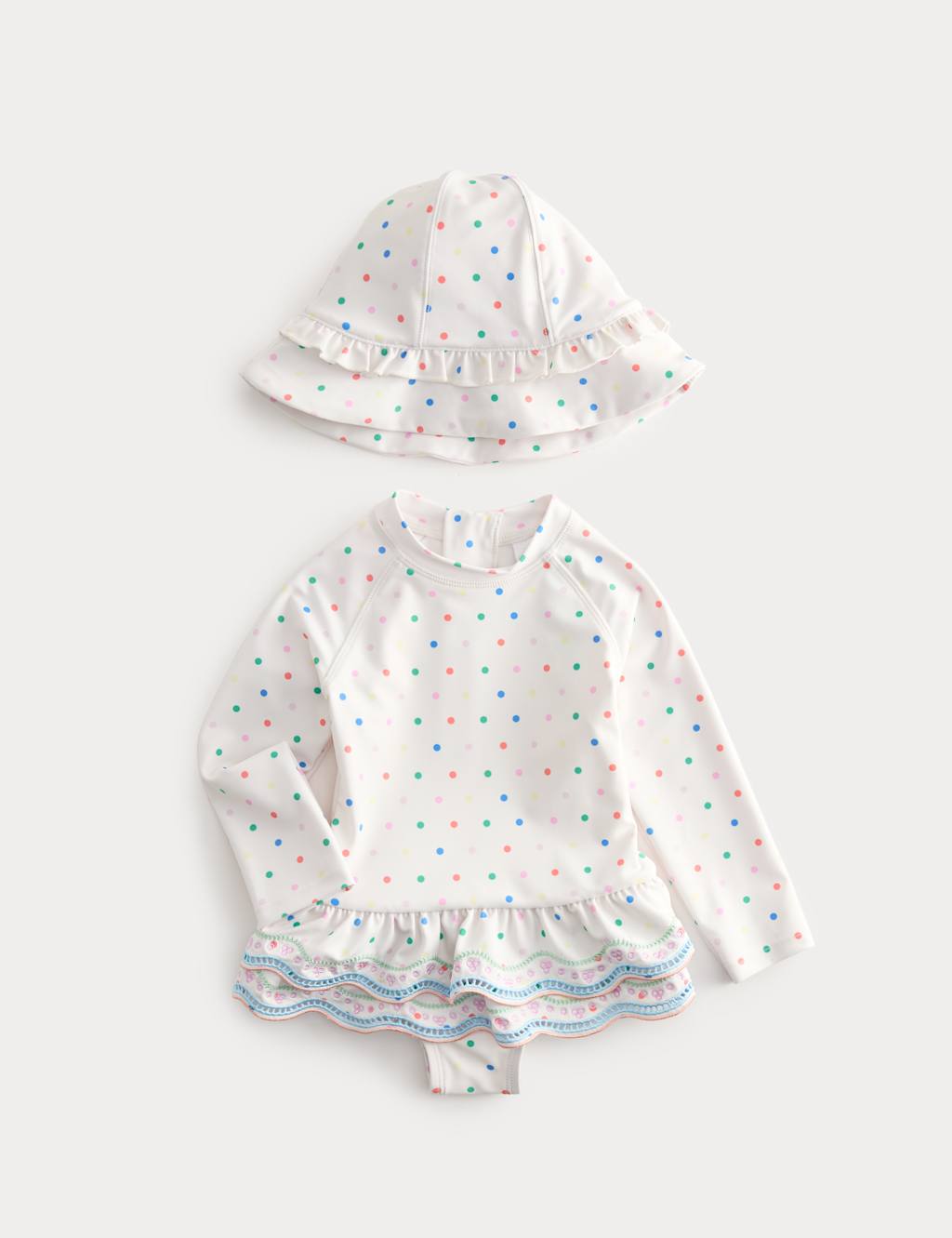 M&S Girls 2 Piece Polka Dot Swimsuit with Hat (0-5 Yrs) - 4-5 Years - White Mix