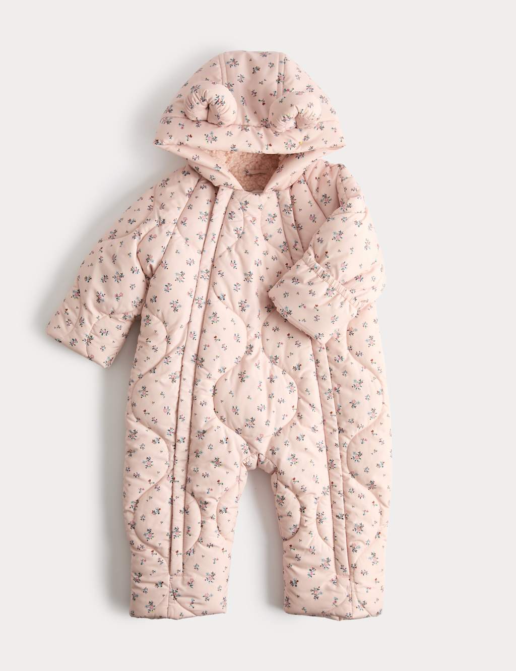 M&S Girls Ditsy Floral Quilted Snowsuit (0-3 Yrs) - 0-3 Months - Pink Mix