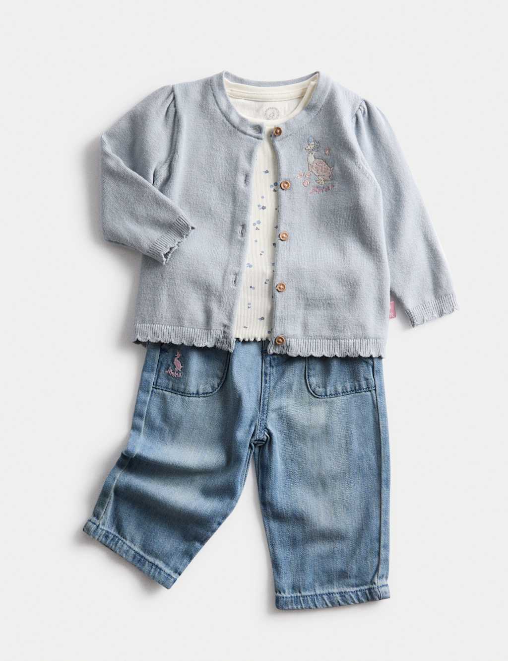M&S 3pc Peter Rabbit Cardigan Top & Jeans Outfit (0-3 Yrs) Multi