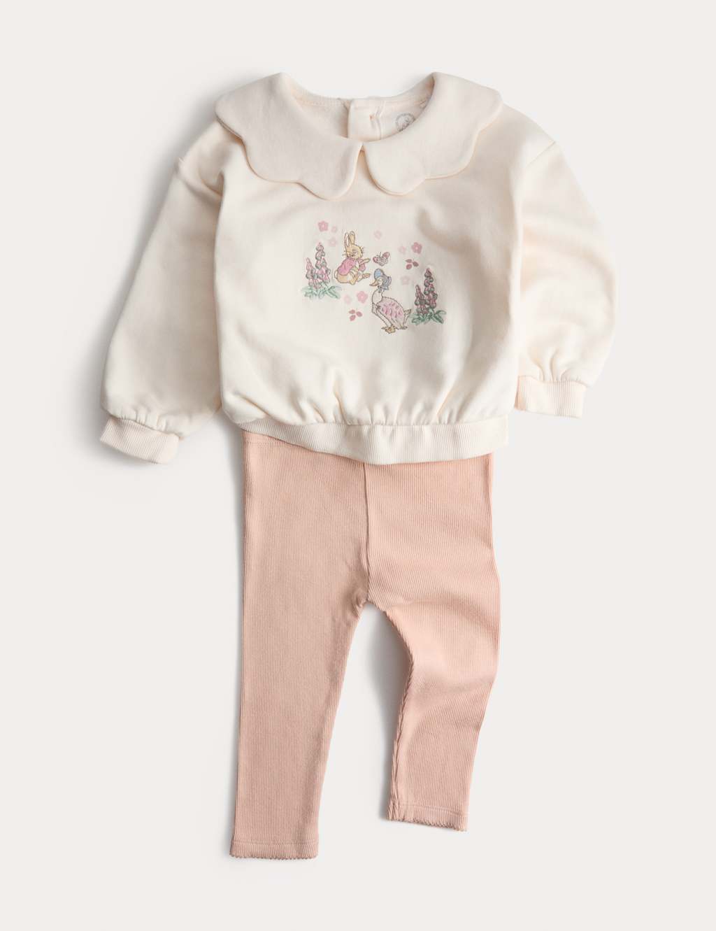 M&S 2pc Cotton Rich Peter Rabbit Collar Sweat Outfit (0-3 Yrs) Cream Mix