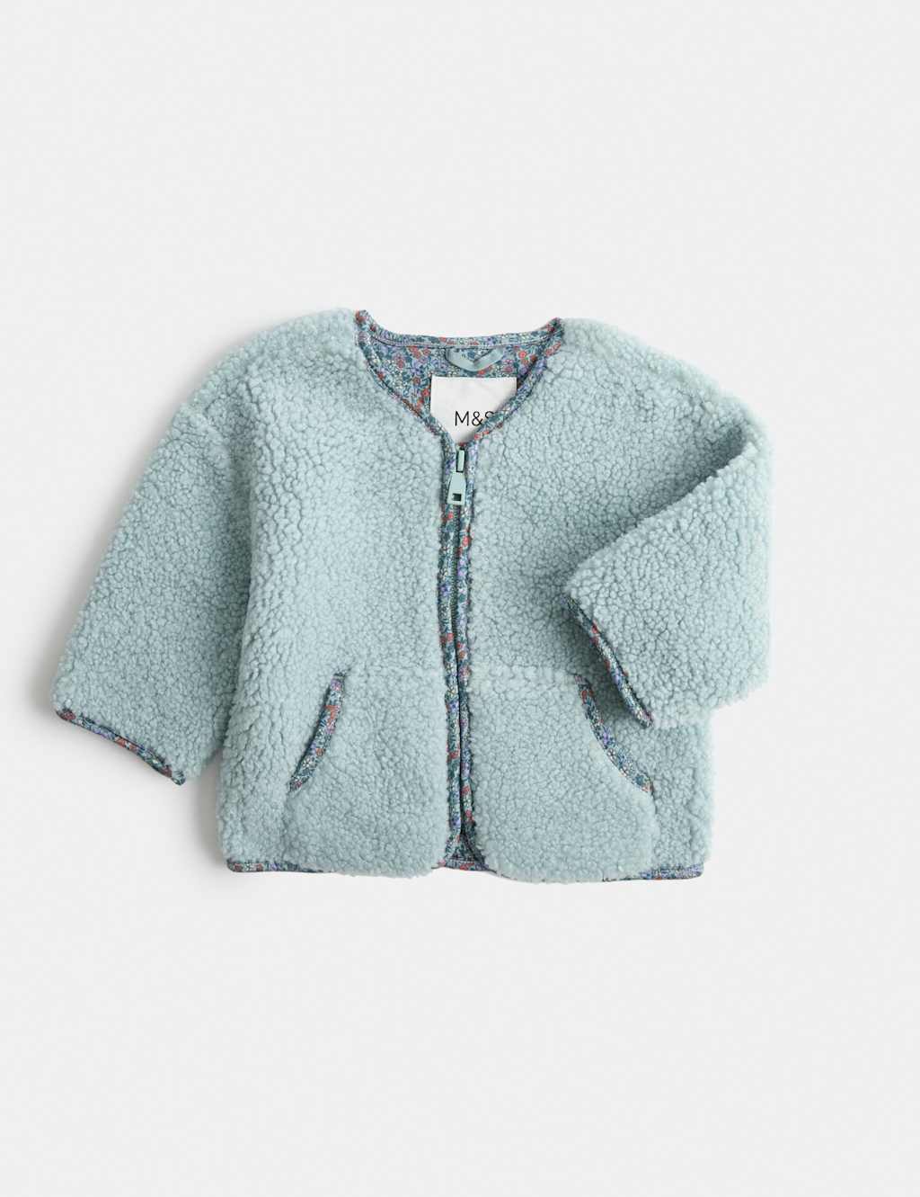 M&S Girls Borg Floral Trim Jacket (0-5 Yrs) - 0-3 Months - Green Mix