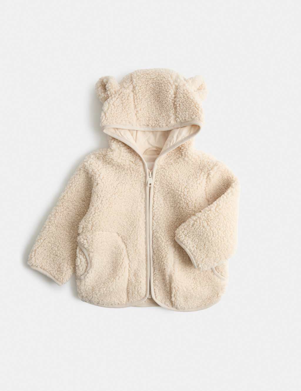 M&S Girls Hooded Borg Jacket with Ears (0-4 Yrs) - 3-6 Months - Cream