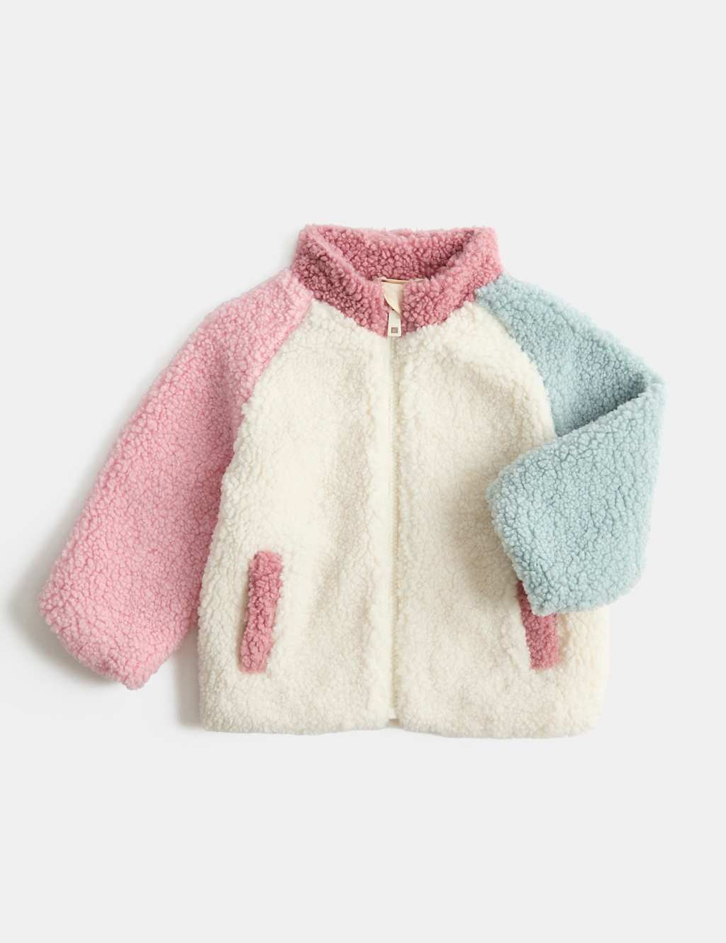 M&S Girls Borg Colour Block Jacket (0-5 Yrs) - 0-3 Months - Cream Mix
