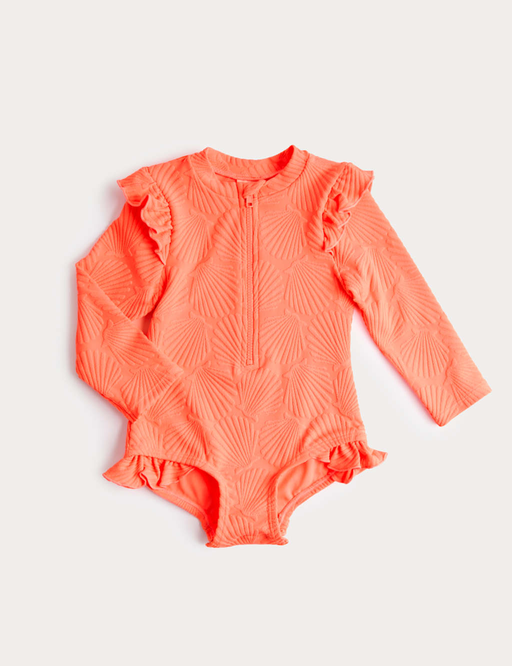 M&S Girls Long Sleeve Frill Textured Swimsuit (0-5 Yrs) - 4-5 Years - Coral