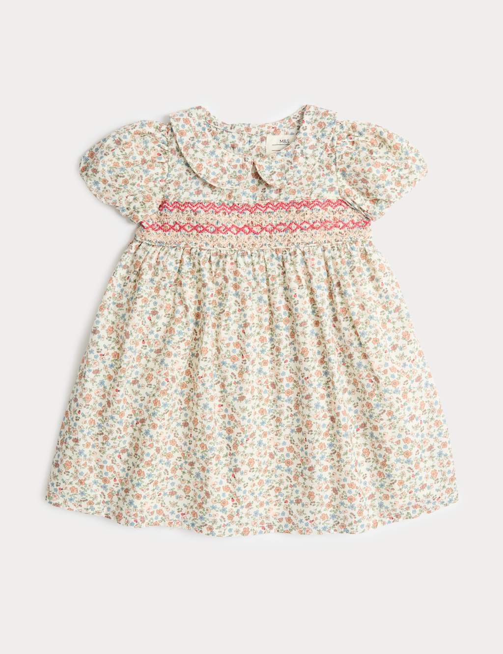 M&S Girls Pure Cotton Floral Smock Dress (0-3 Yrs) - 2-3 Years - Cream