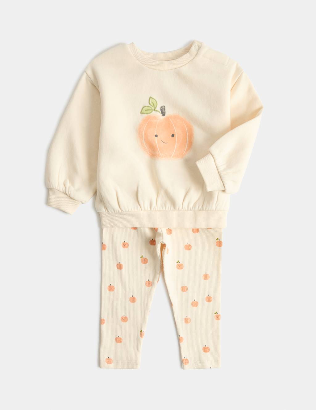 M&S Girls Cotton Rich Halloween Pumpkin Sweat Set (0-3 Yrs) - 3-6 Months - Cream Mix