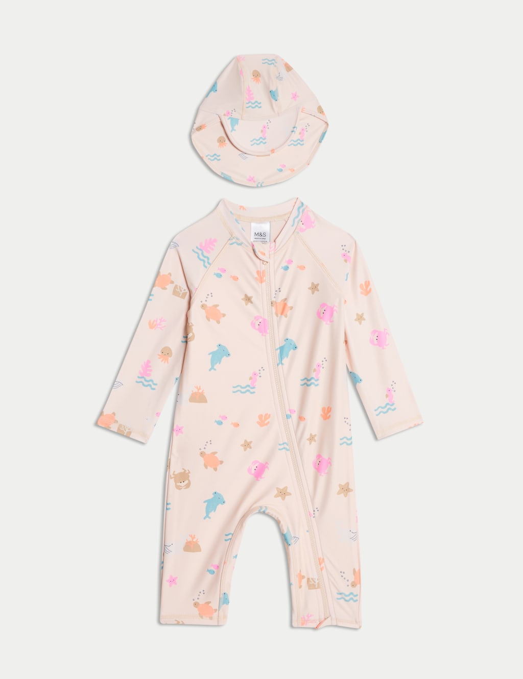 2pc Sealife Zip All In One Swimsuit & Hat (0-3 Yrs)