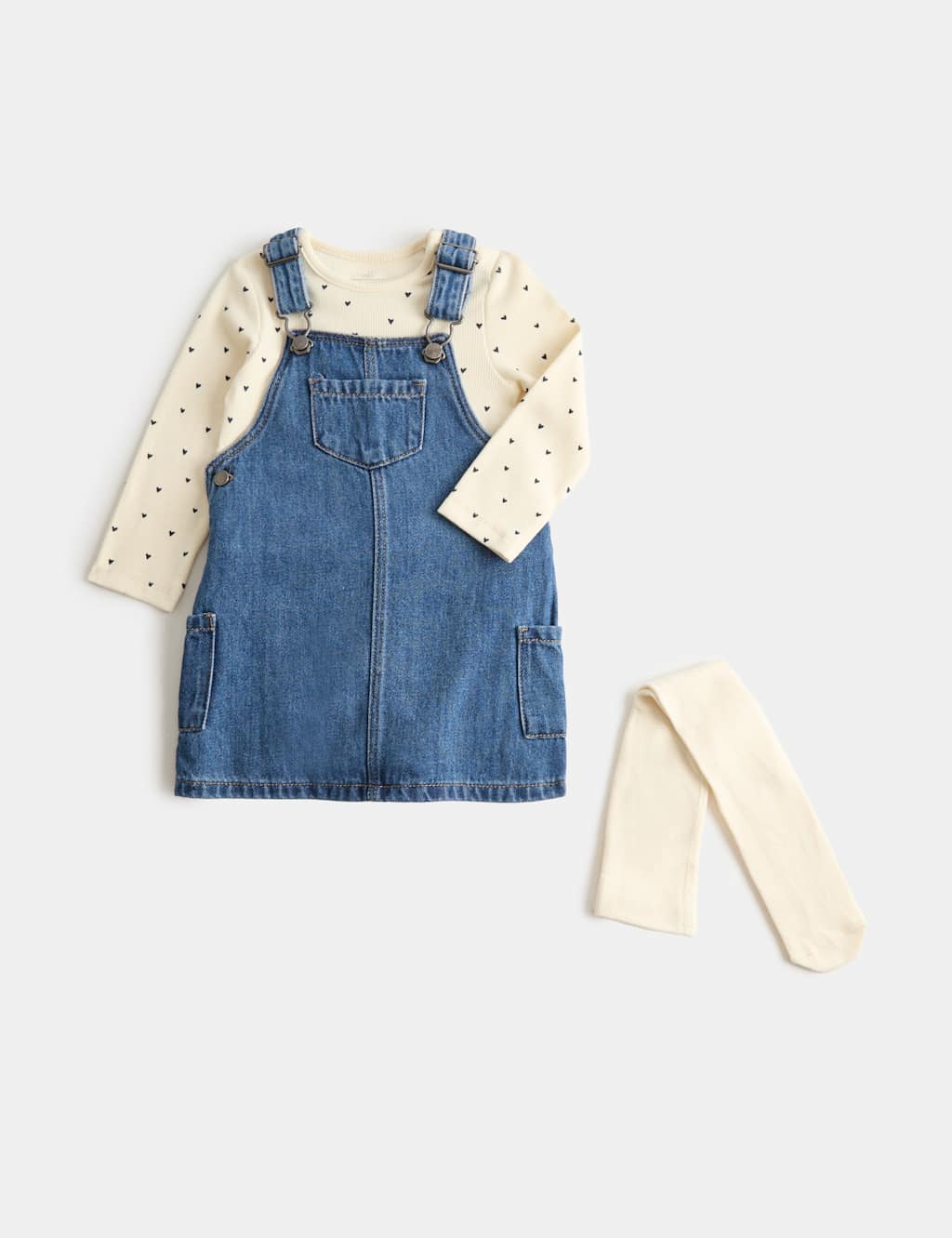 M&S Girls 3 Piece Cotton Denim Pinny Outfit with Tights (0-3 Yrs) - 2-3 Years