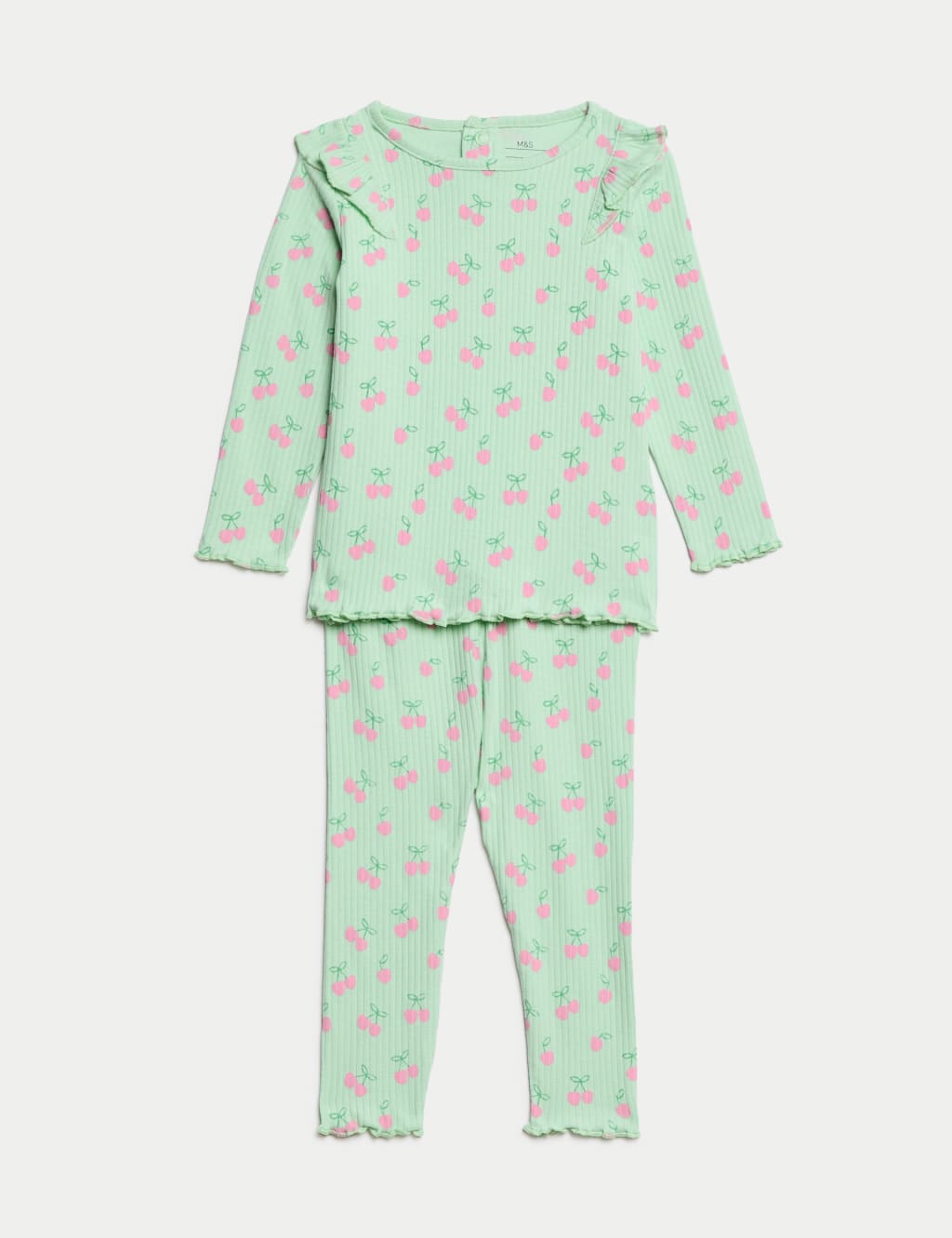 M&S 2pc Cotton Rich Cherry Top & Bottom Outfit (0 Mths-6 Yrs) Green Mix