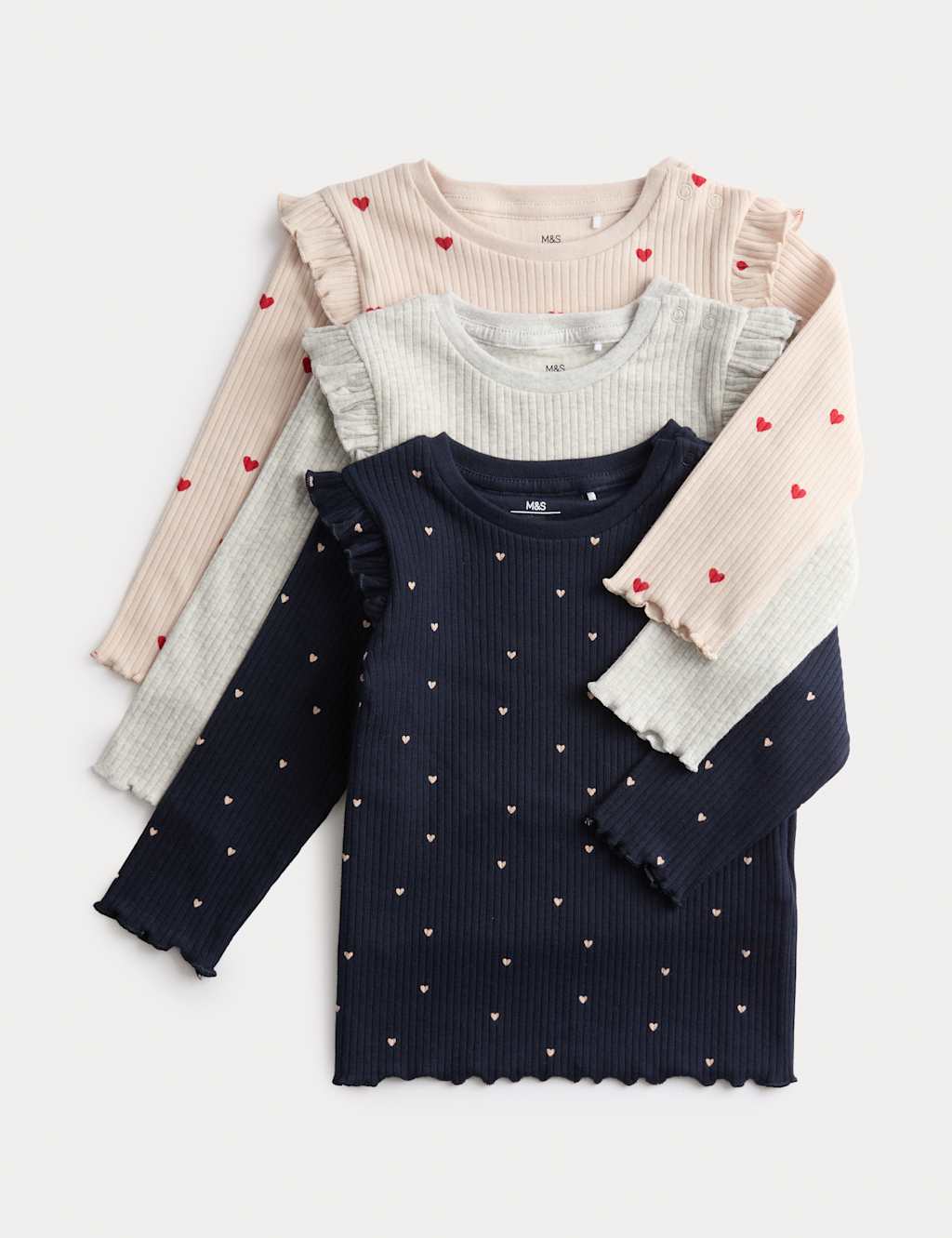 M&S 3pk Cotton Rich Heart Frill Tops (0 Mths-3 Yrs) Navy Mix