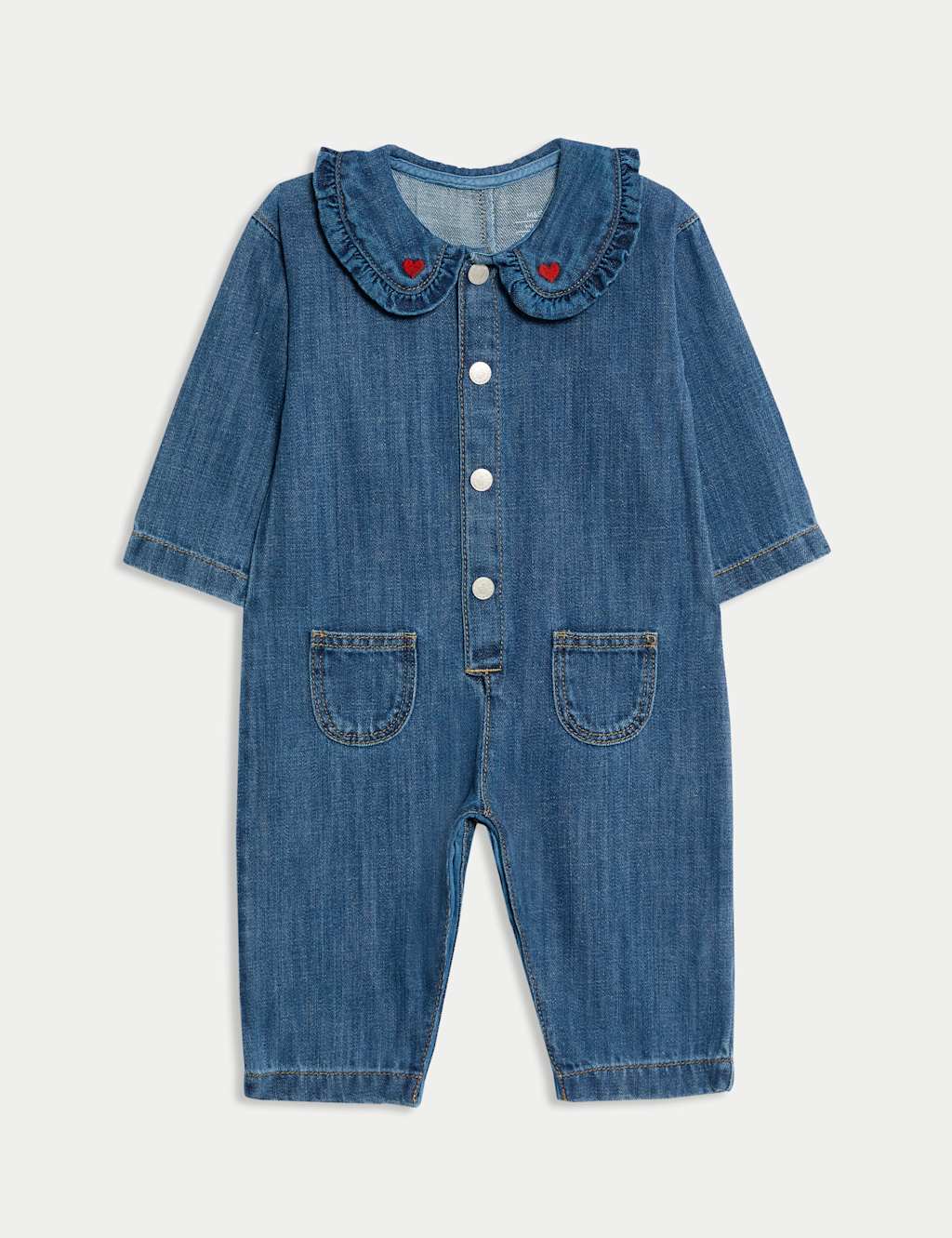 M&S Cotton Rich Denim Heart Jumpsuit (0 Mths - 3 Yrs) Denim