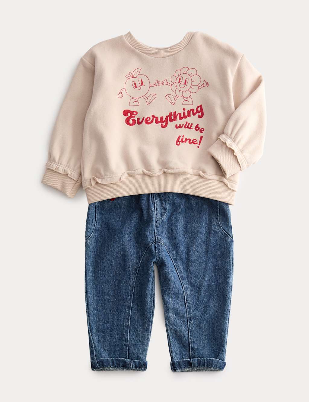 M&S 2pc Cotton Rich Graphic Top and Jeans Outfit (0 Mths-6 Yrs) Cream Mix